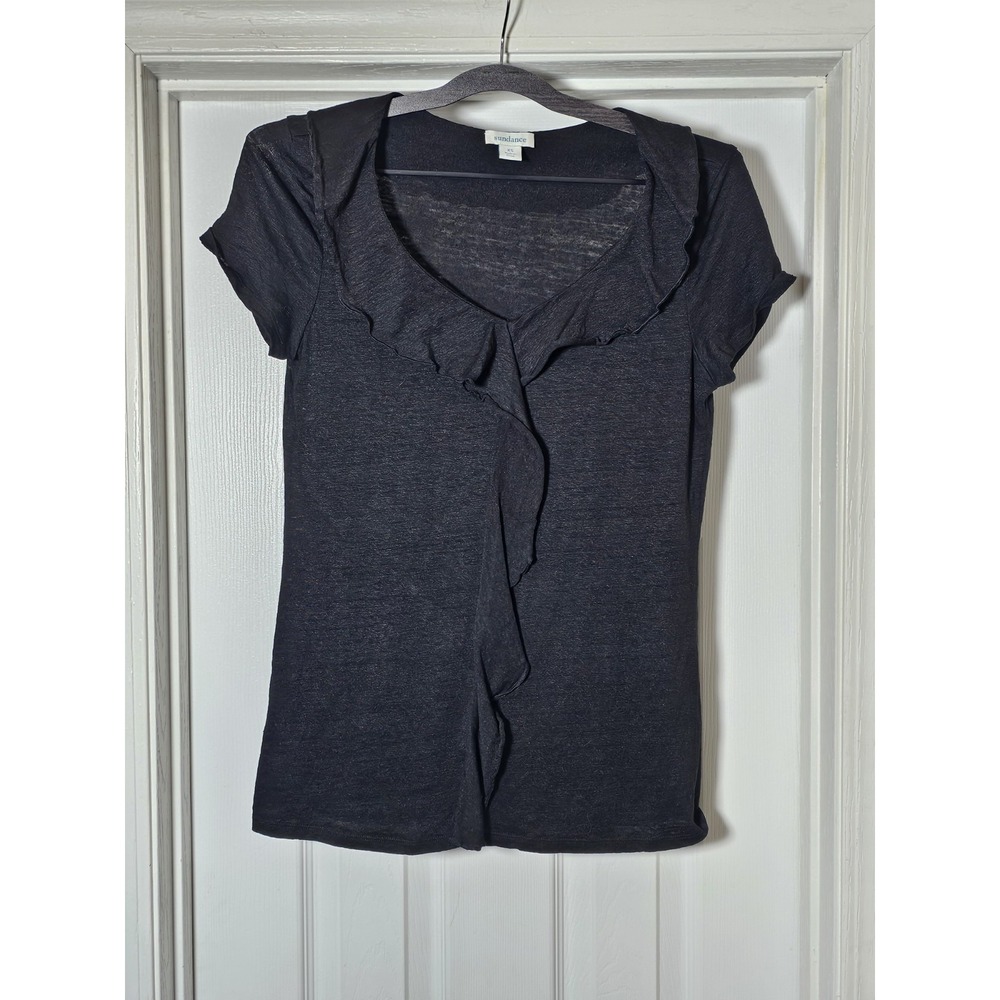 Sundance Cascading‎ Ruffle Shirt Sz XS 100% Linen Black Blouse